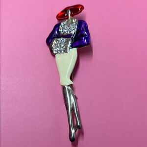 Louis Stern Enamel Rhinestone Red Hat Classy Lady Pin Brooch